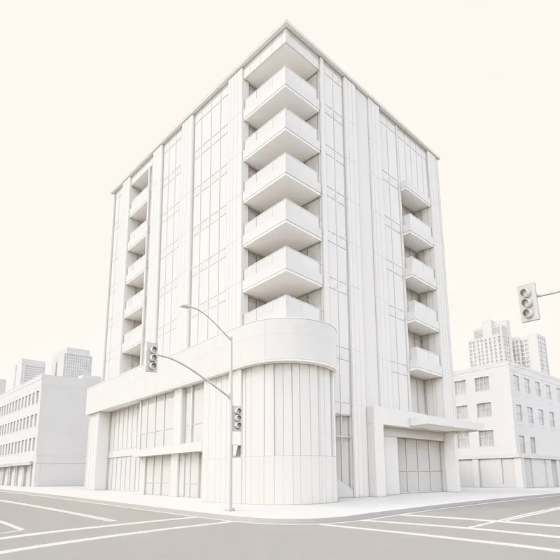 Render de maqueta blanca de un edificio alto de uso mixto.