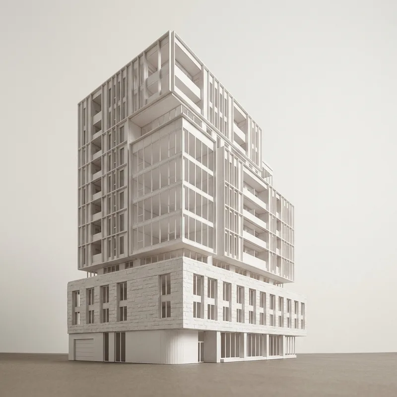 Maqueta blanca de una torre de volúmenes rectangulares apilados.