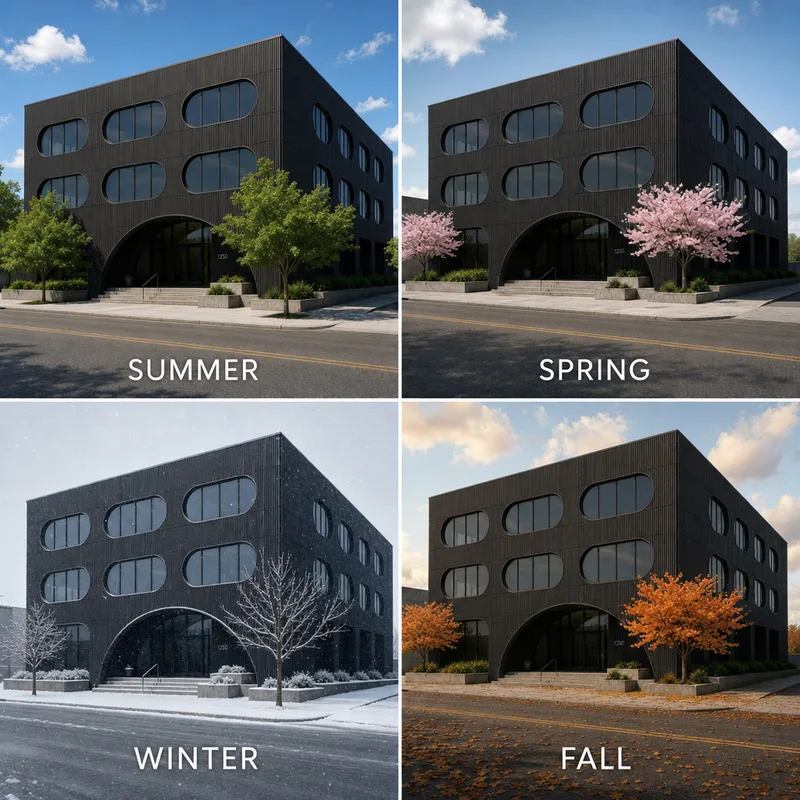 Cuatro versiones de un edificio etiquetadas Verano, Primavera, Invierno y Otoño.
