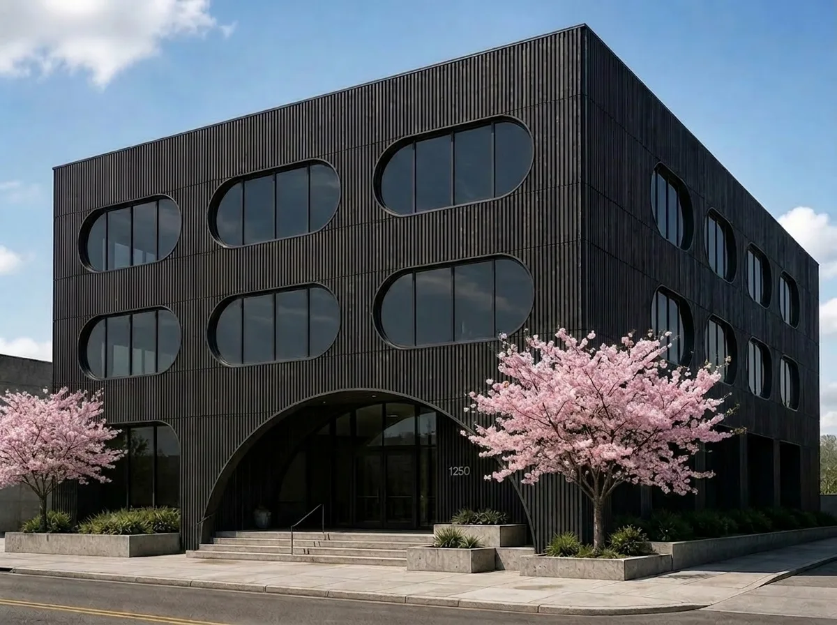 Imagen de origen de un edificio negro con ventanas redondeadas y árboles rosados en primavera.