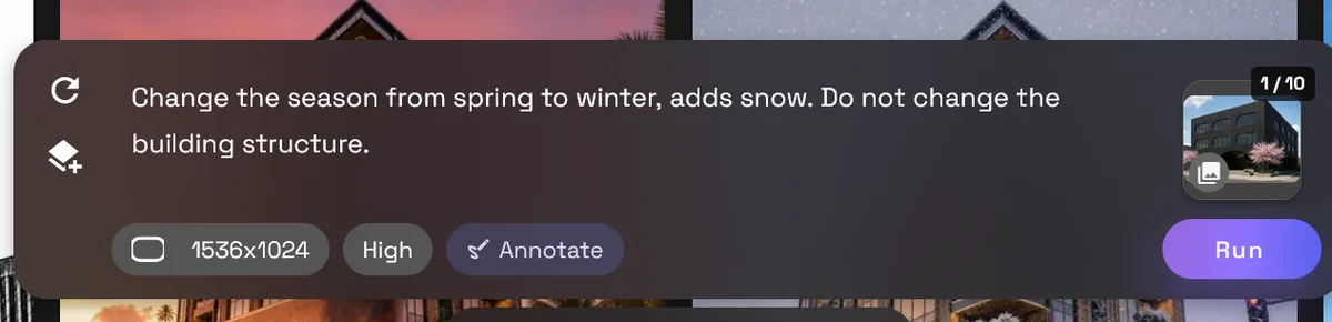 Prompt que pide cambiar la escena de primavera a invierno y añadir nieve.