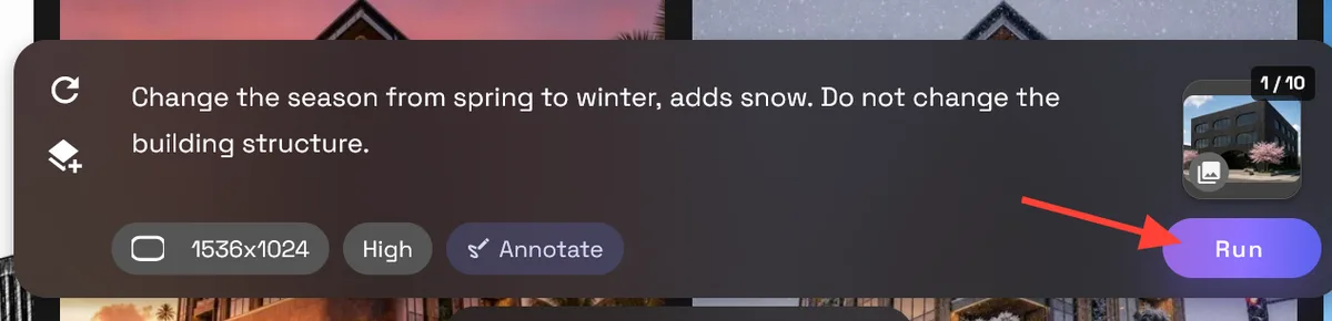 Prompt de la escena invernal con el botón Ejecutar resaltado.