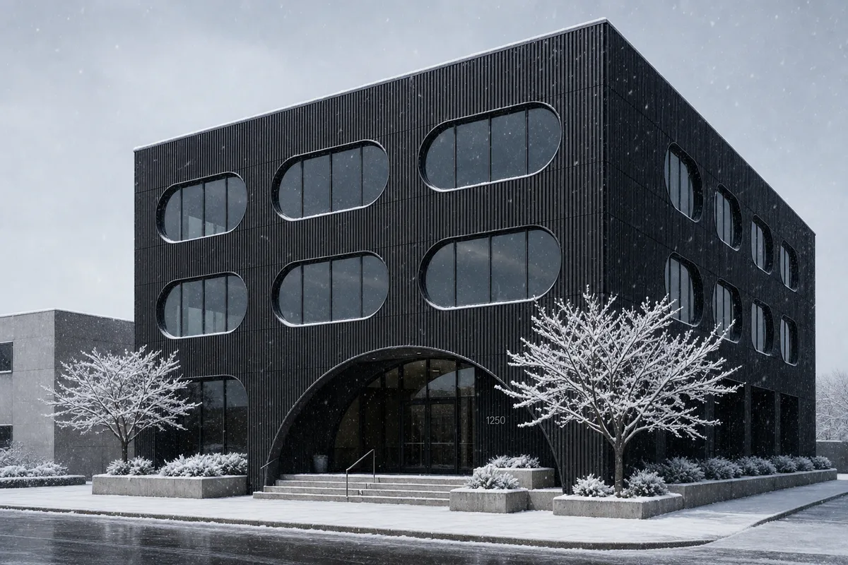Resultado invernal con el edificio y los árboles cubiertos de nieve.