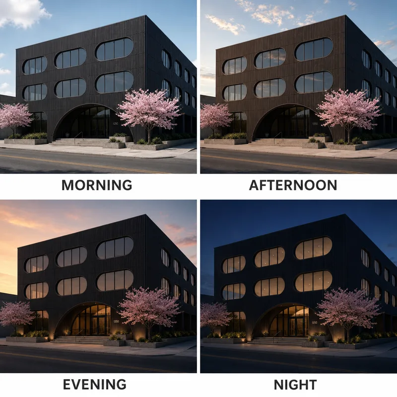 Cuatro versiones de un edificio etiquetadas Mañana, Tarde, Atardecer y Noche.