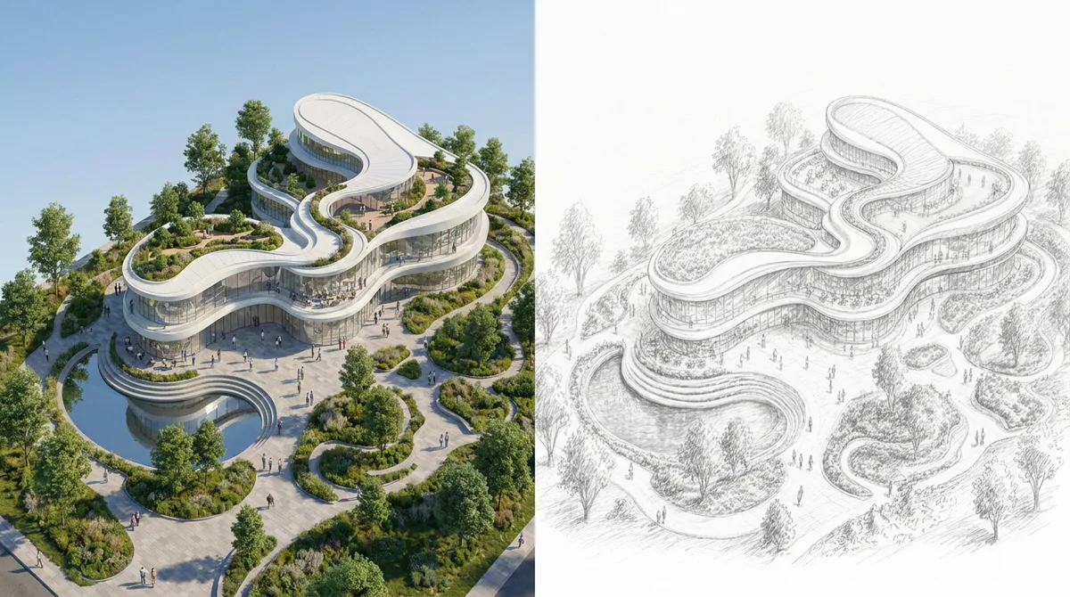 Banner de antes y después que muestra bocetos aproximados transformados en renders de IA pulidos para arquitectura, moda y diseño de producto.