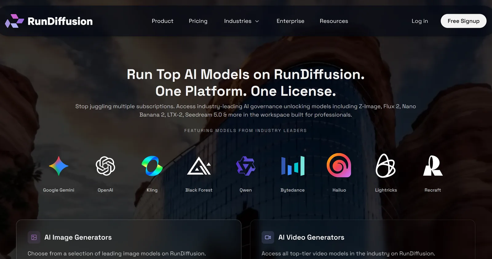 Captura de pantalla de la interfaz de RunDiffusion para iniciar sesión y acceder a la plataforma.
