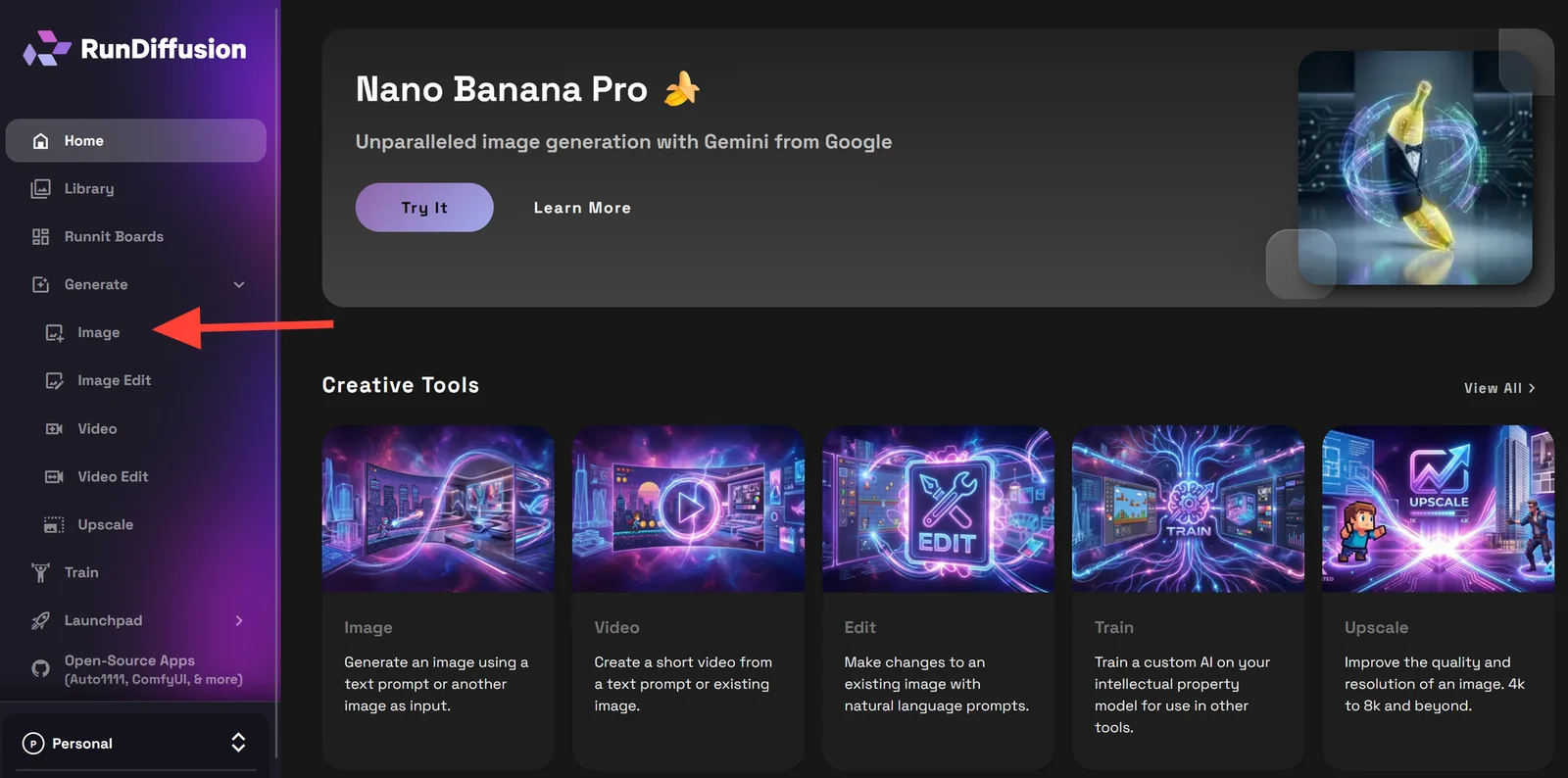 Captura de pantalla del flujo Generate con la opción Image seleccionada en RunDiffusion.