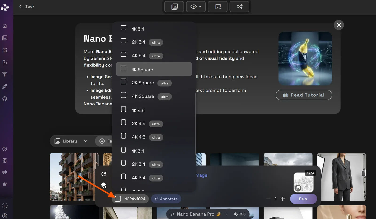 Captura de pantalla de la configuración de resolución en RunDiffusion para generación sketch-to-render.