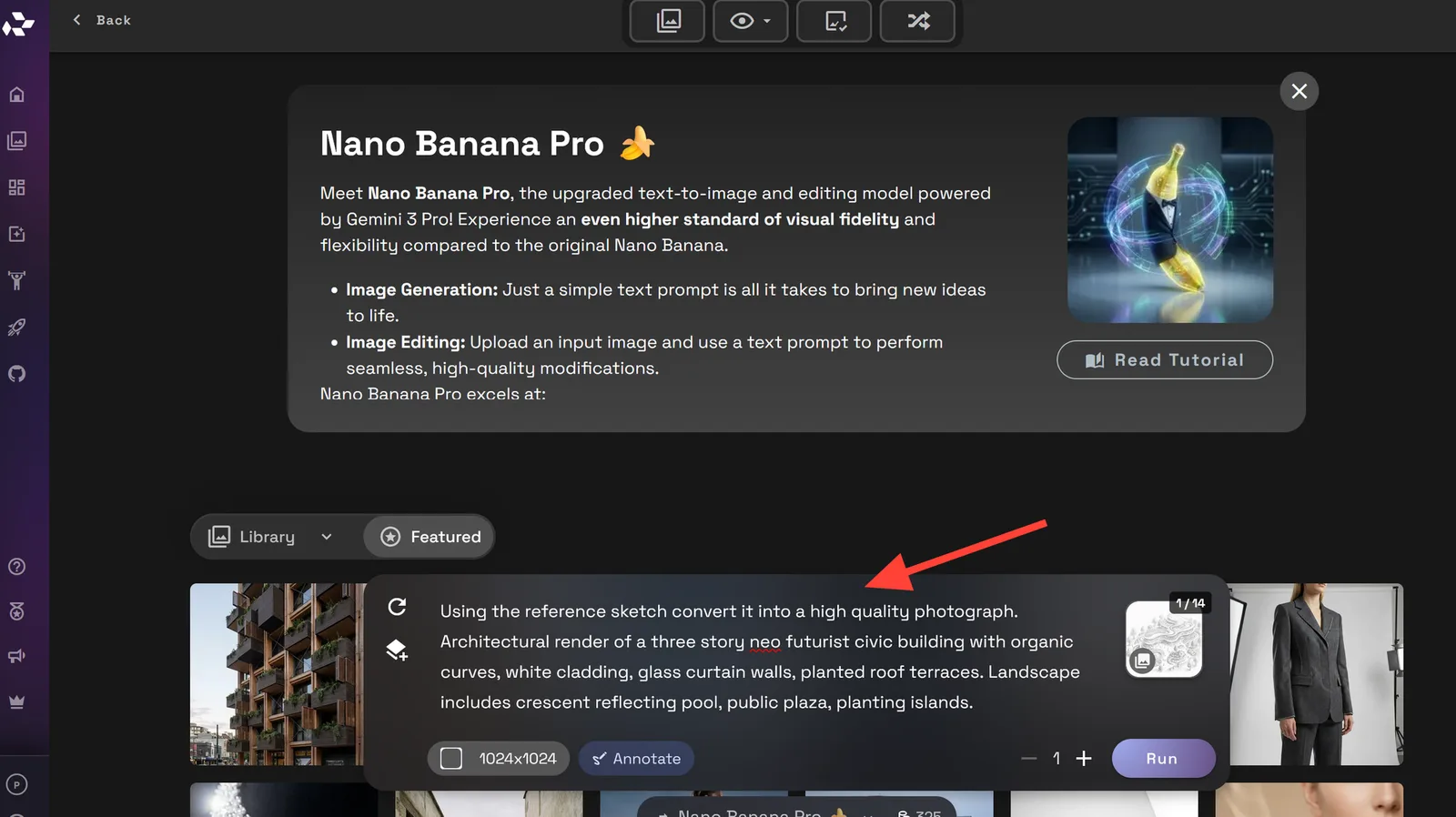 Captura de pantalla del campo de prompt en RunDiffusion con ejemplos de prompts sketch-to-render.