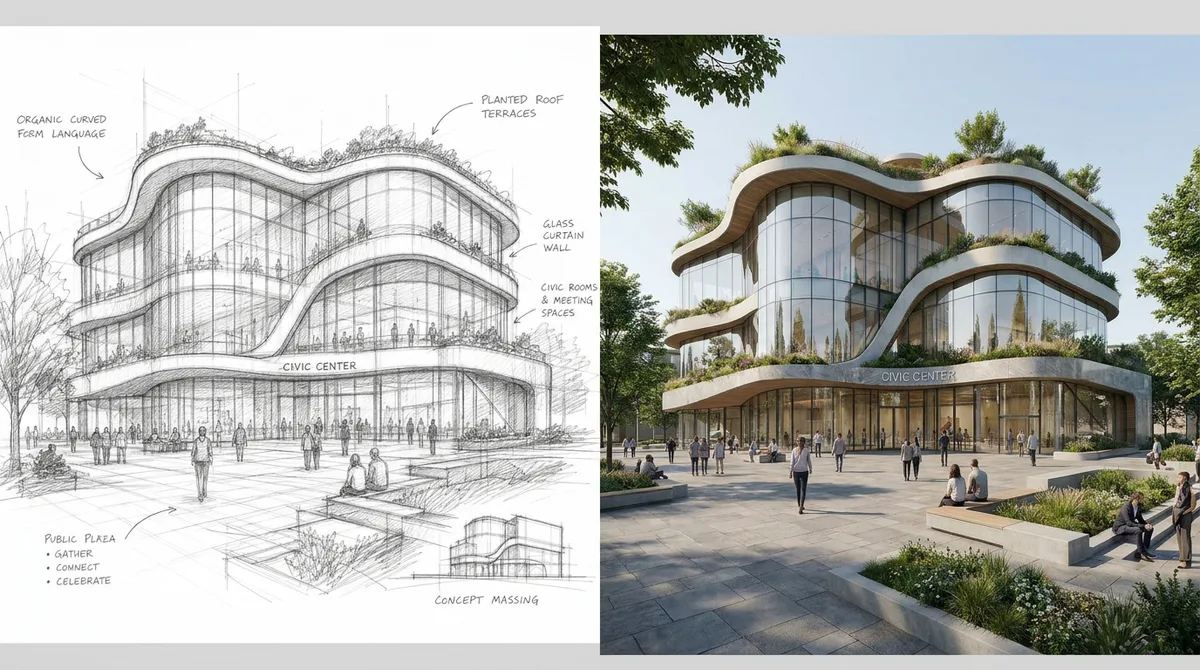 Ejemplo de antes y después que muestra un boceto arquitectónico transformado en un render exterior pulido.