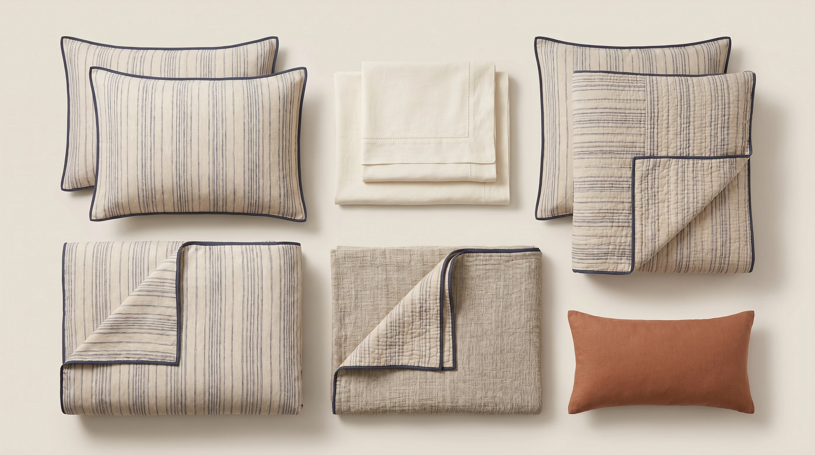 AI bedding collection lineup with pillows, sheets, quilted bedding, throw, and accent cushion