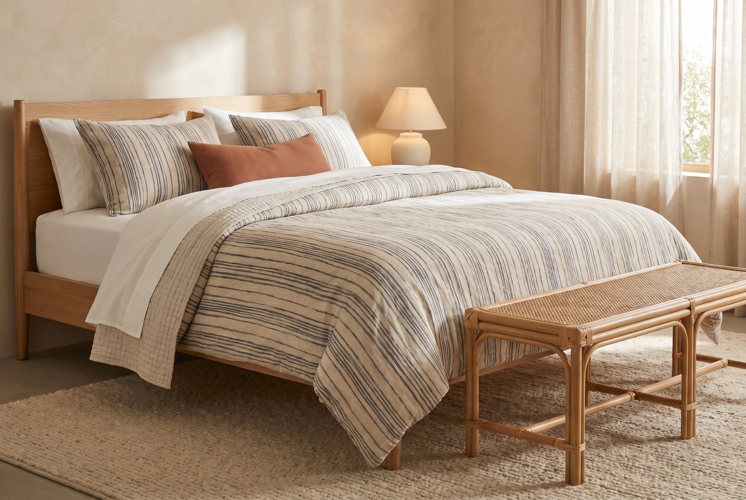AI bedding room scene showing a coastal stripe duvet concept in a warm natural bedroom