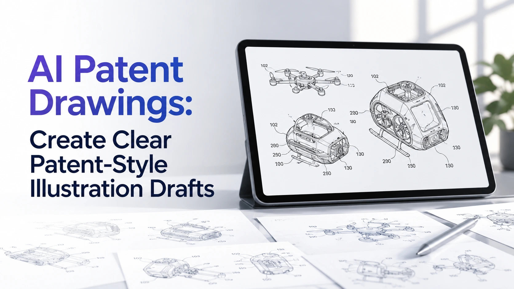 AI patent drawings blog header showing patent-style technical illustration drafts
