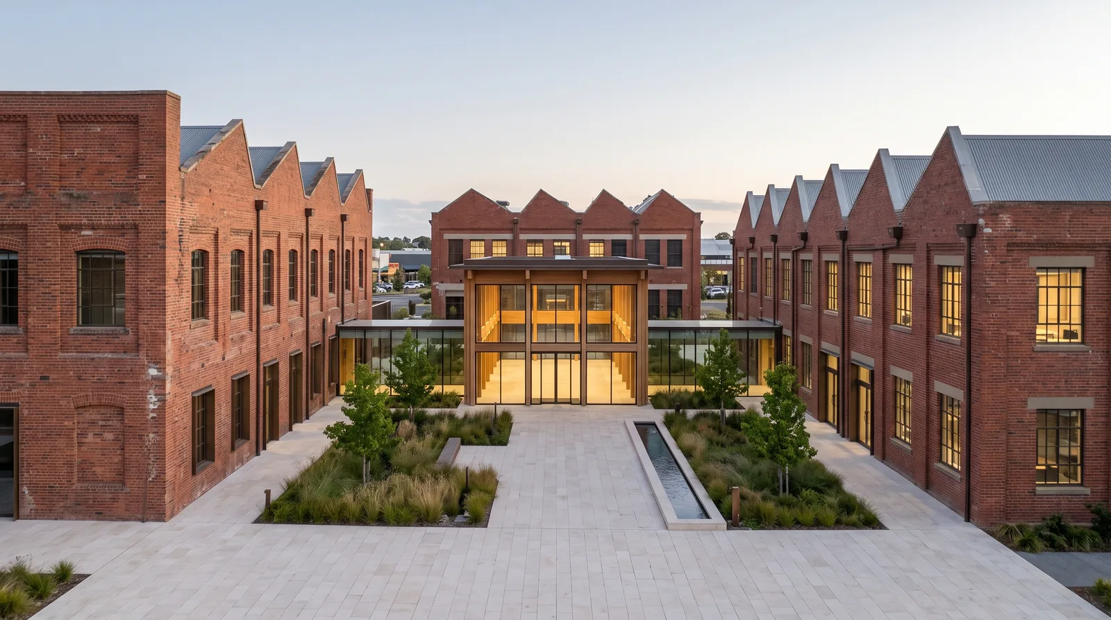Adaptive-reuse headquarters courtyard used as a FLUX 3 start frame