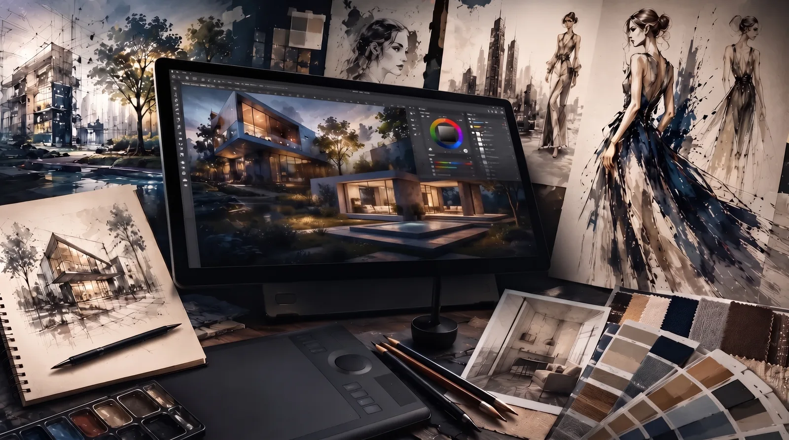 Digital art workstation surrounded by architecture and fashion sketches with the title Additional Edit Model Tips
