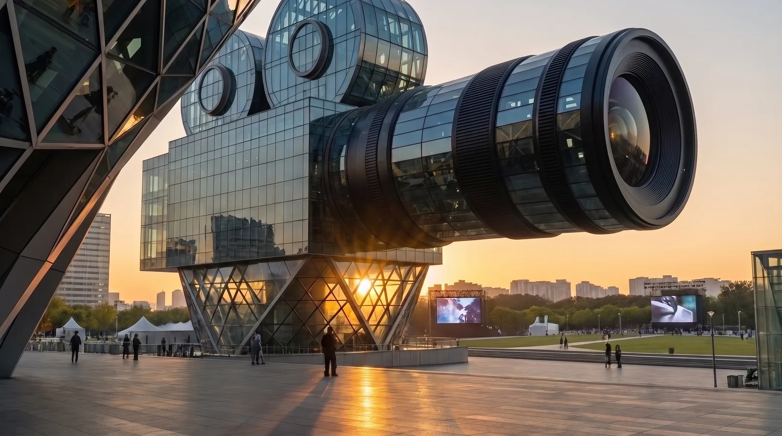 Futuristic camera-shaped glass building at sunset with the title Seedance 2.5 Prompt Guide.