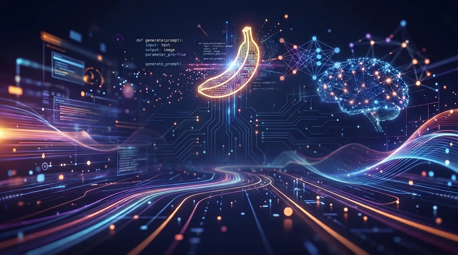 The Complete Nano Banana Pro Prompt Guide graphic with a glowing banana, an AI network, and blue and gold data lines.