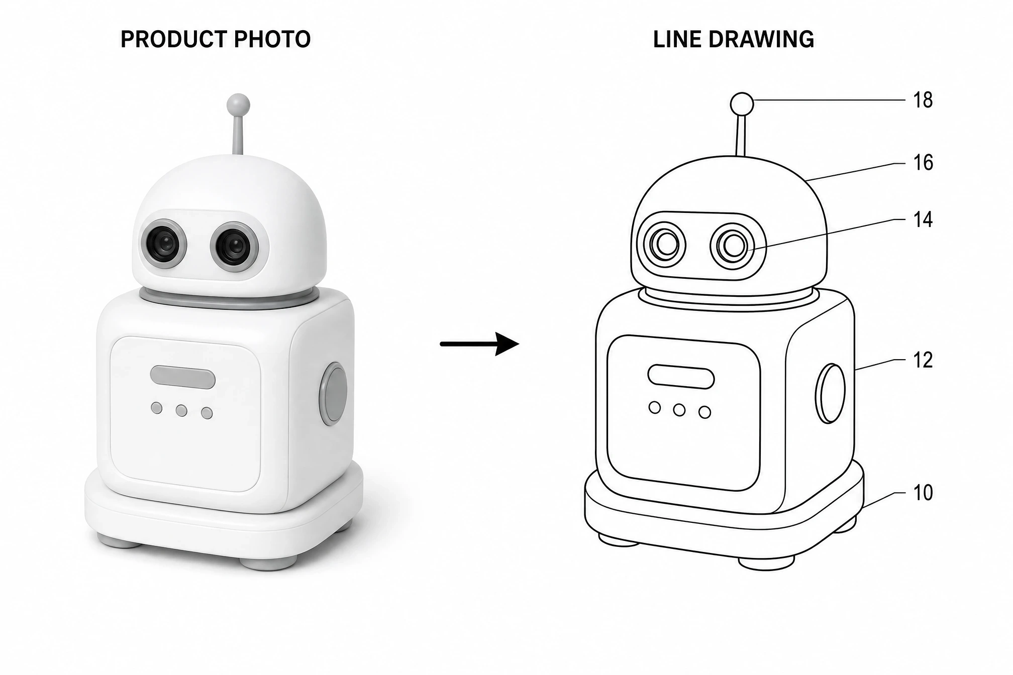 Patent illustration comparison showing a source photo converted into patent-style line art