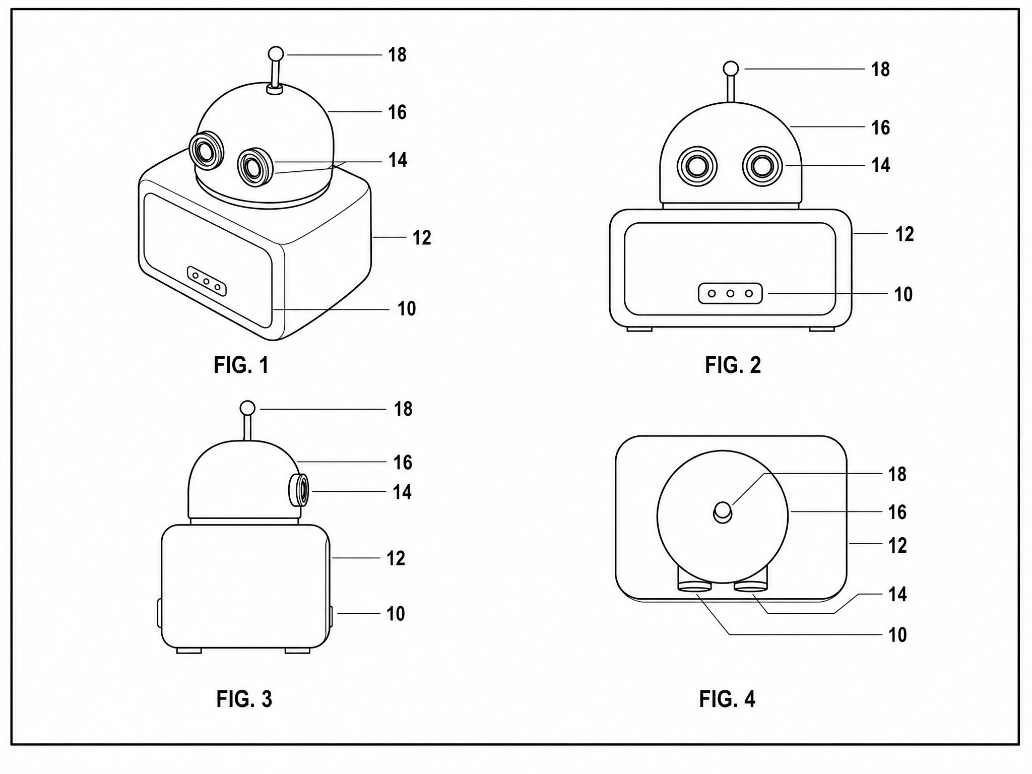 Patent-style four-view figure sheet with labeled views and reference numerals