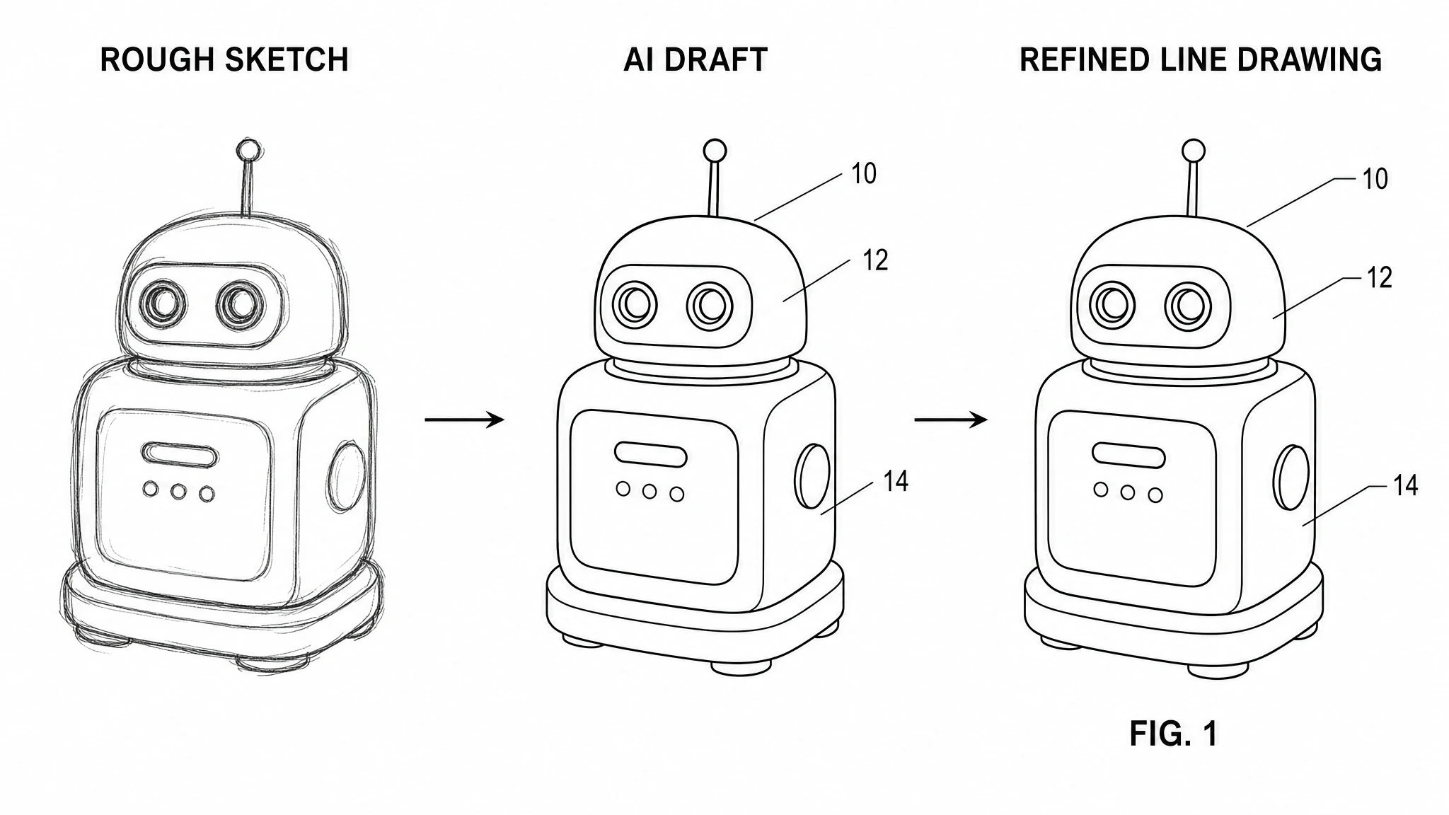 Workflow image showing a patent illustration process from sketch or source reference to a refined patent-style draft