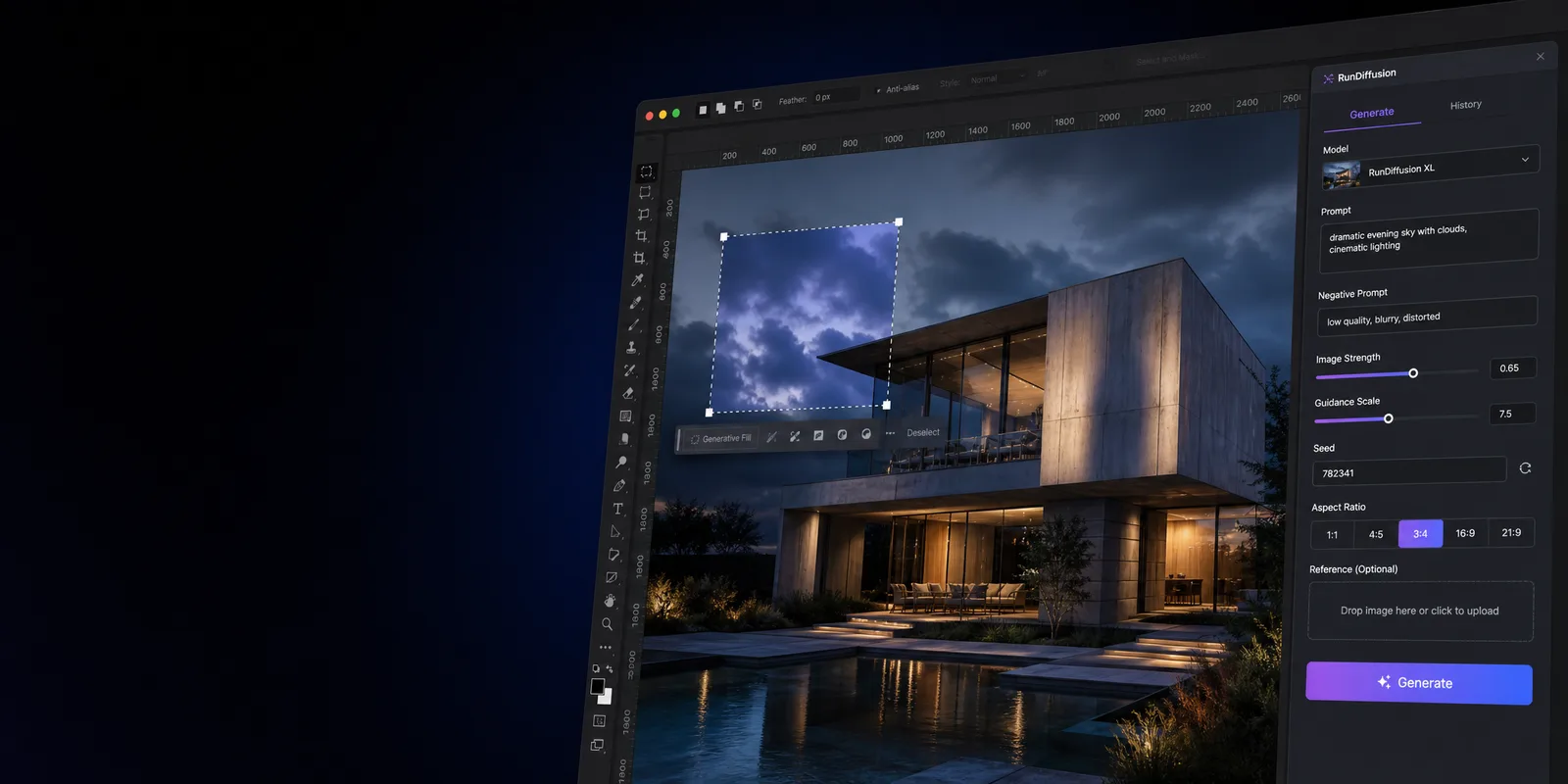 Panel Generar de RunDiffusion sustituyendo una selección de cielo en Photoshop