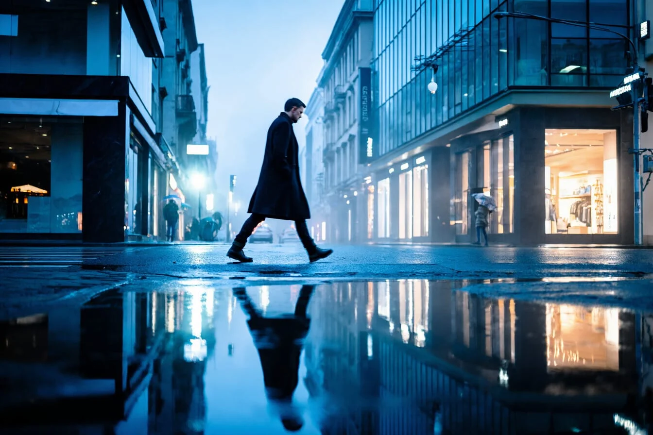Scène urbaine cinématique avec environnement, action, lumière et composition clairs.