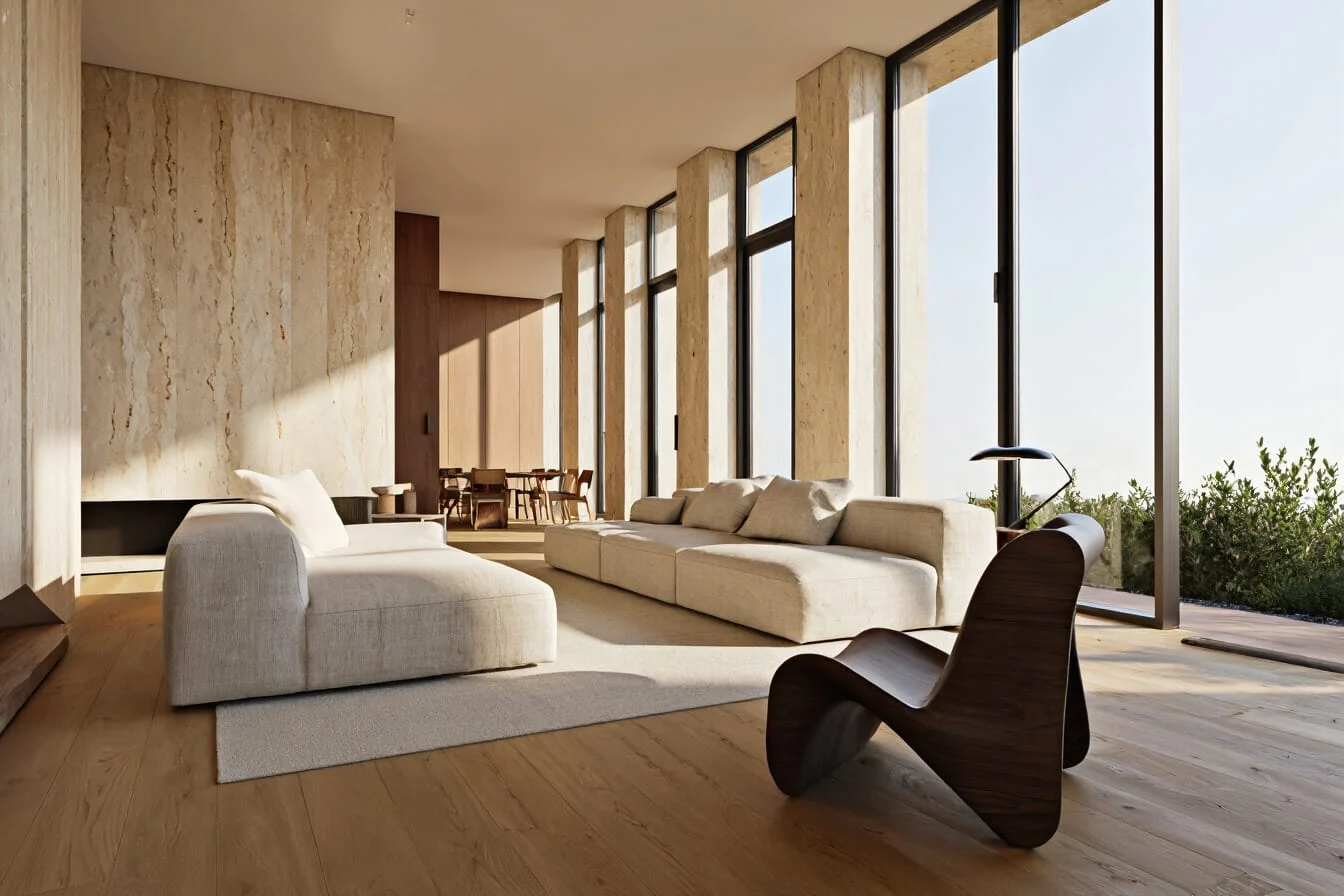Intérieur moderne avec clarté structurelle, détails de matériaux, indices de profondeur et lumière naturelle chaude.