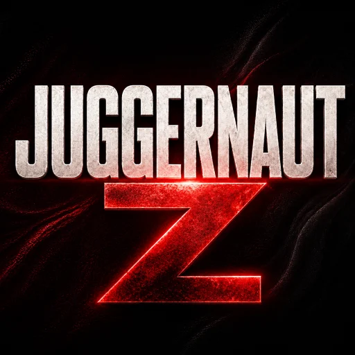 Logo Juggernaut Z avec un grand lettrage blanc Juggernaut et un Z rouge lumineux sur fond sombre.