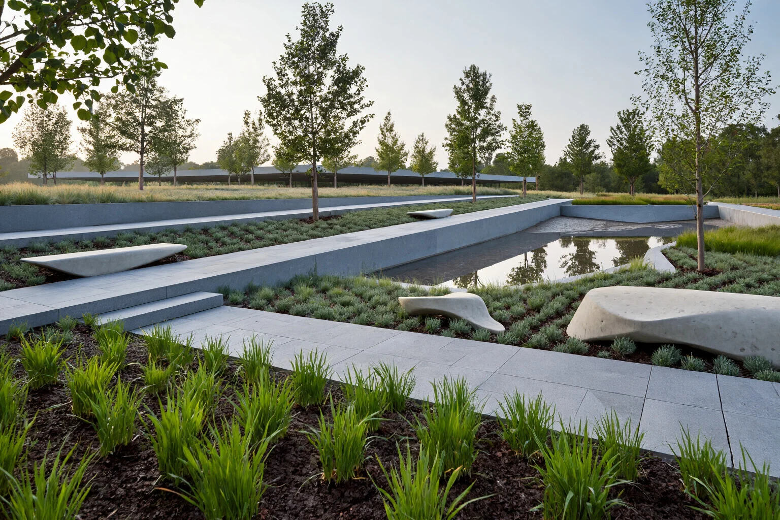 Exemple d’architecture paysagère montrant un jardin public contemporain avec chemins en couches et bassin réfléchissant