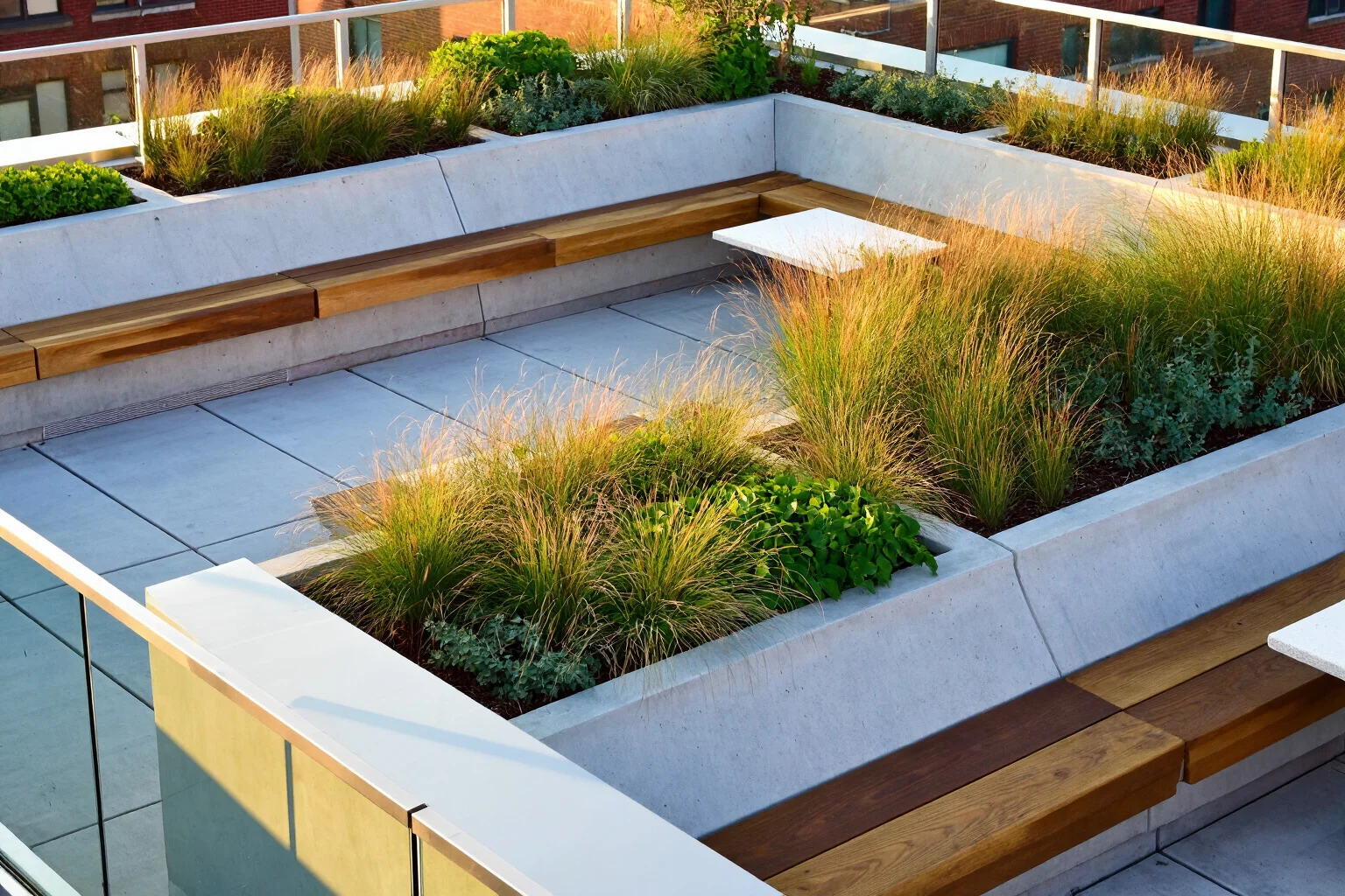 Exemple d’architecture paysagère montrant une terrasse urbaine avec jardinières et assises à l’heure dorée