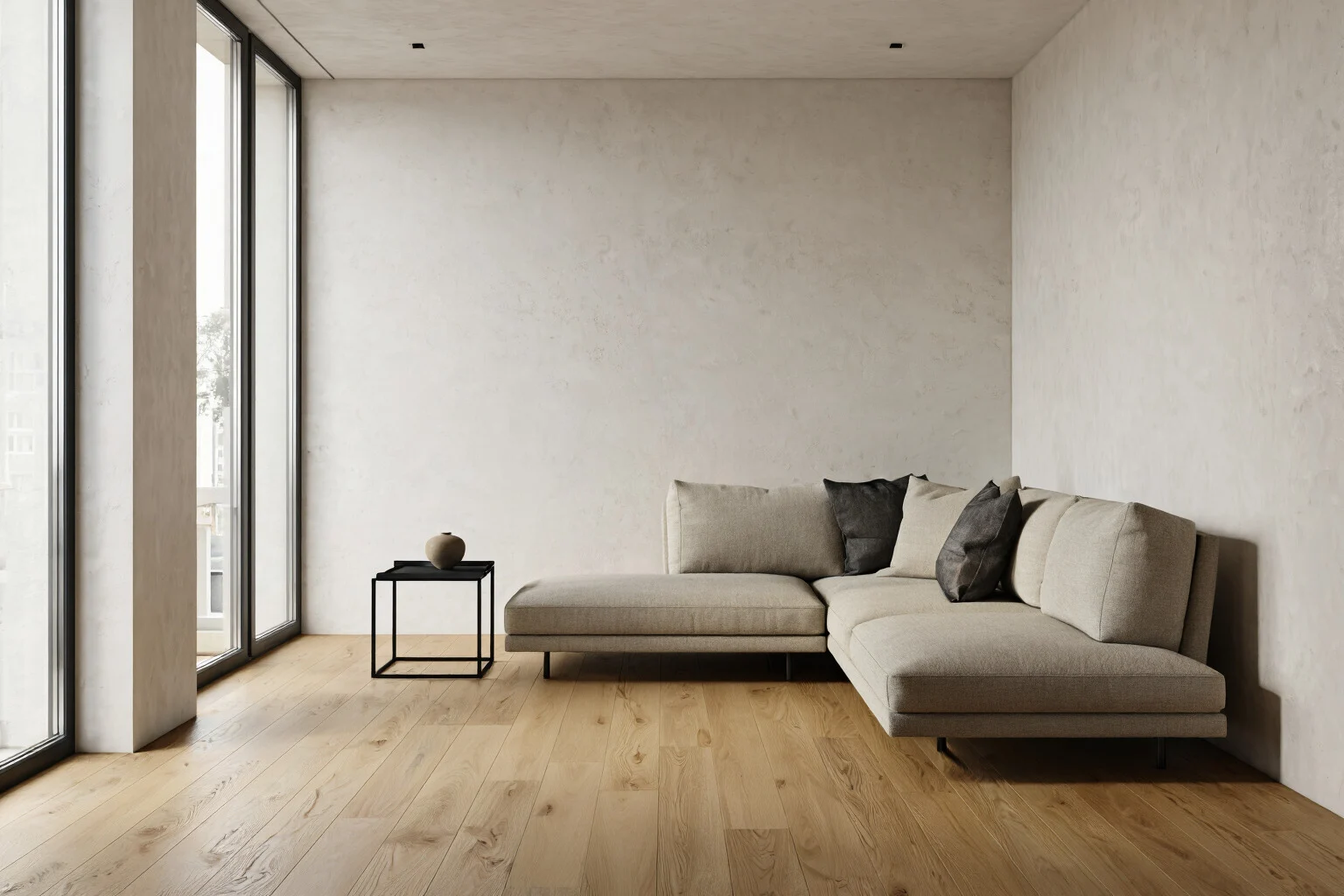 Exemple de design d’intérieur montrant un salon moderne avec parquet en chêne clair et tons neutres sourds
