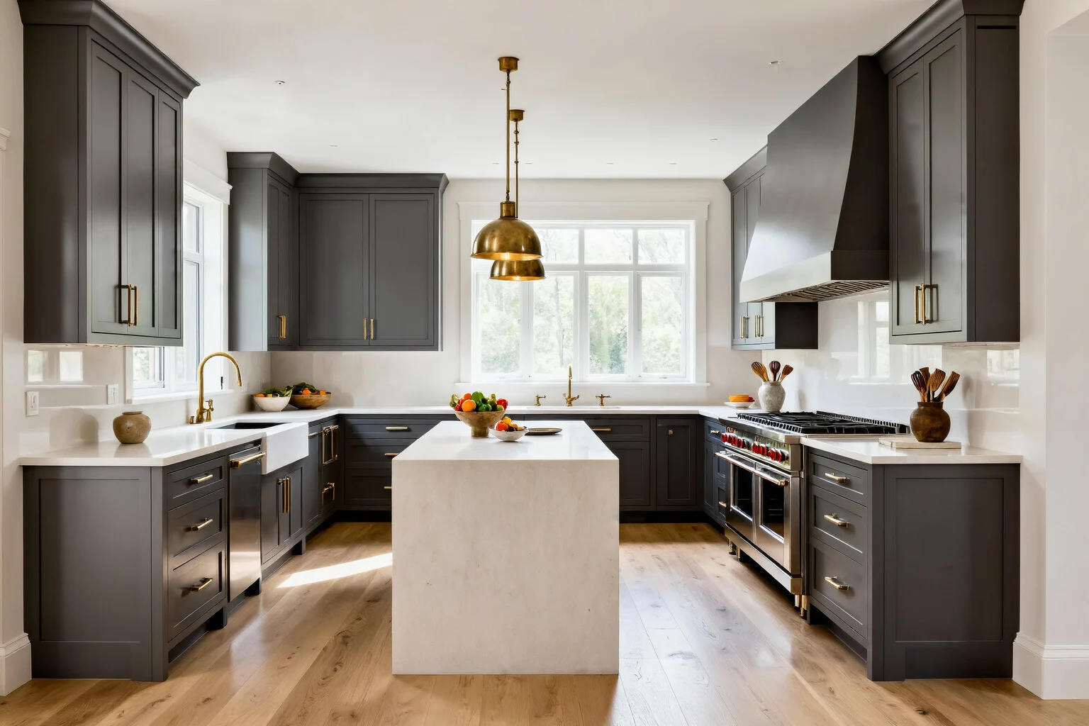 Exemple de design d’intérieur montrant une cuisine de luxe avec placards gris mats et robinetterie en laiton brossé