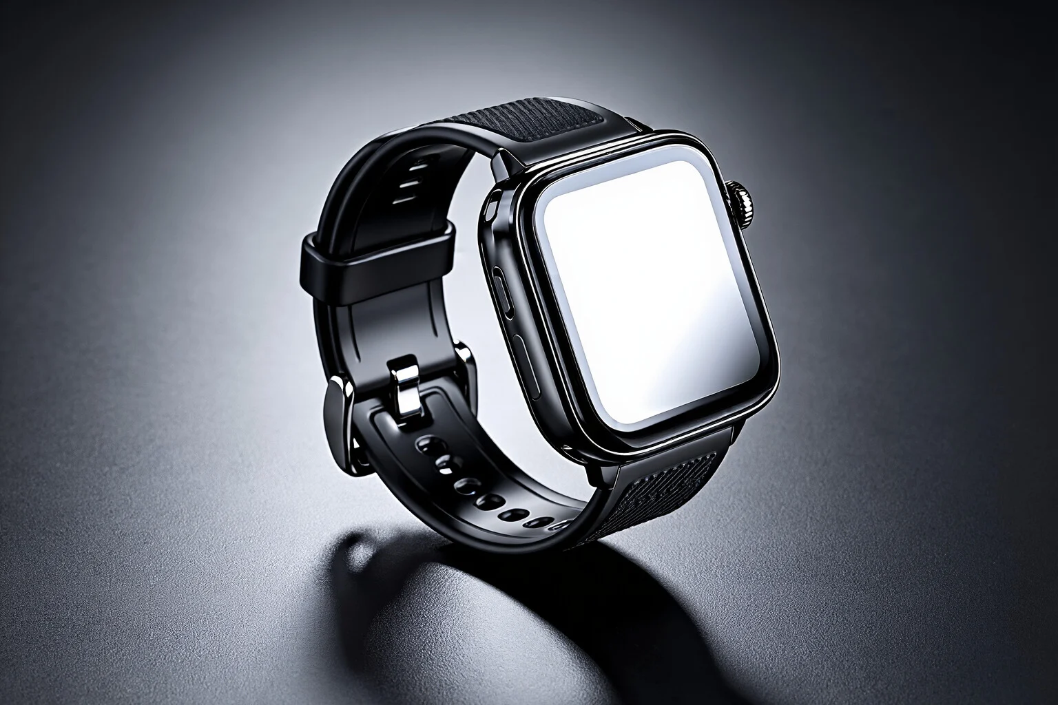 Exemple de design produit montrant une smartwatch noire sur une surface sombre réfléchissante