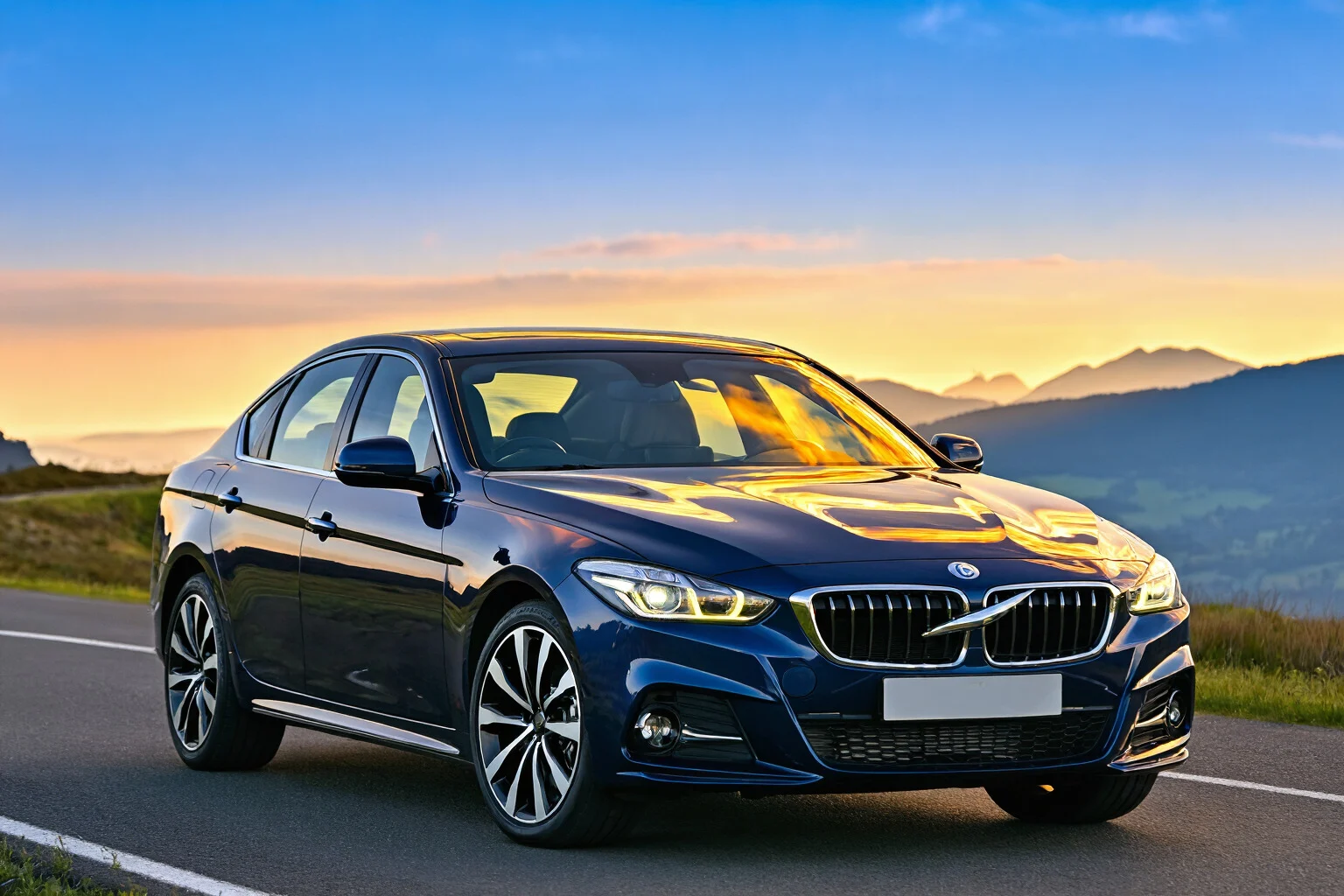 Exemple automobile montrant une berline de luxe bleu foncé sur une route de montagne au lever du soleil