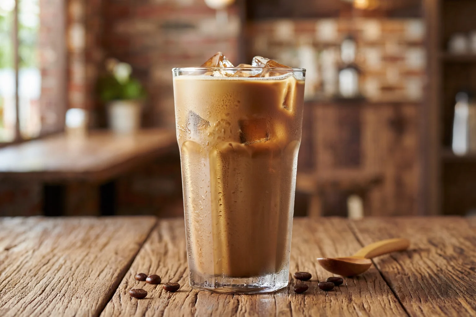 Exemple food and beverage montrant un verre de café glacé avec condensation sur une table en bois