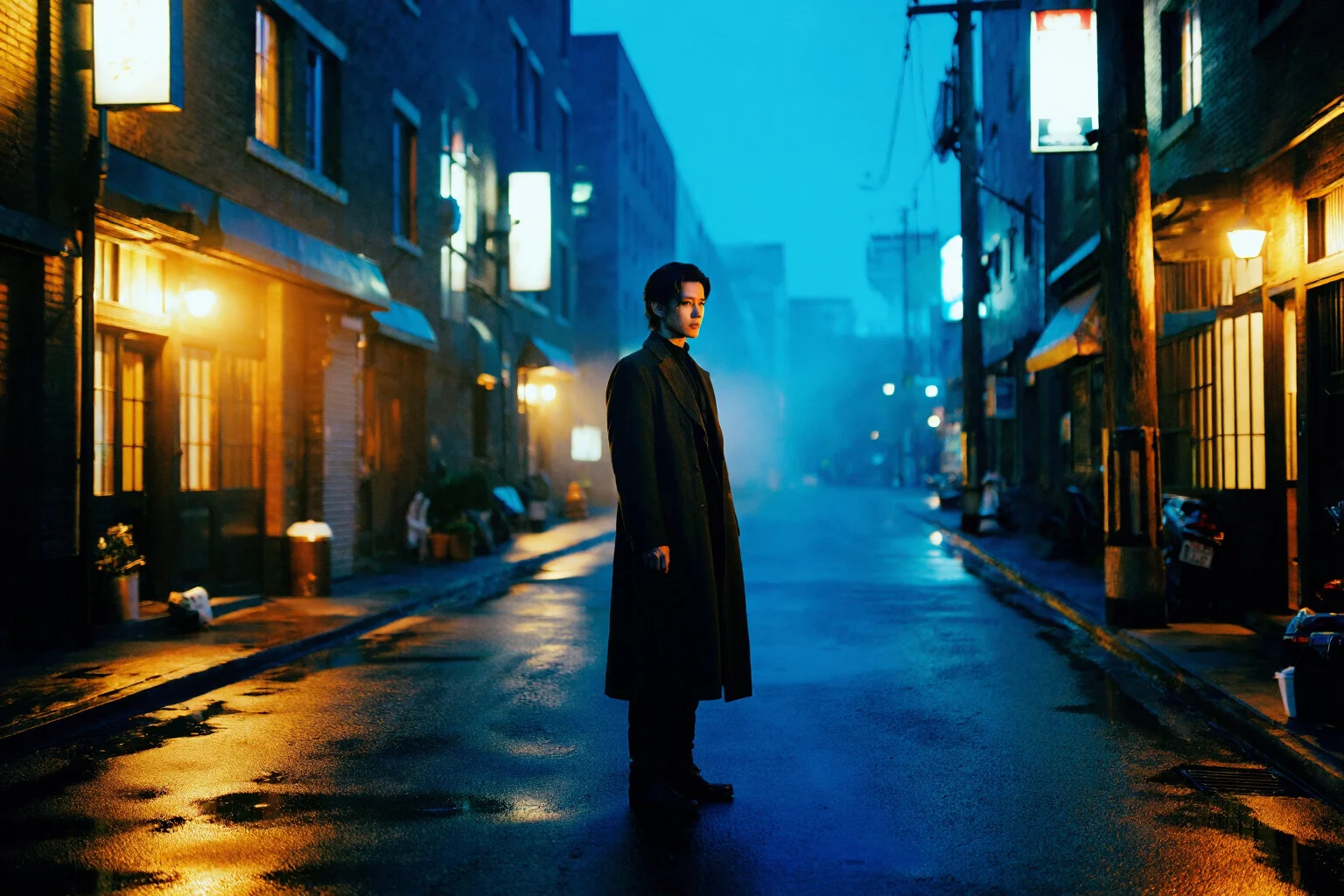Exemple de personnage cinématique montrant une silhouette solitaire dans une ruelle étroite la nuit