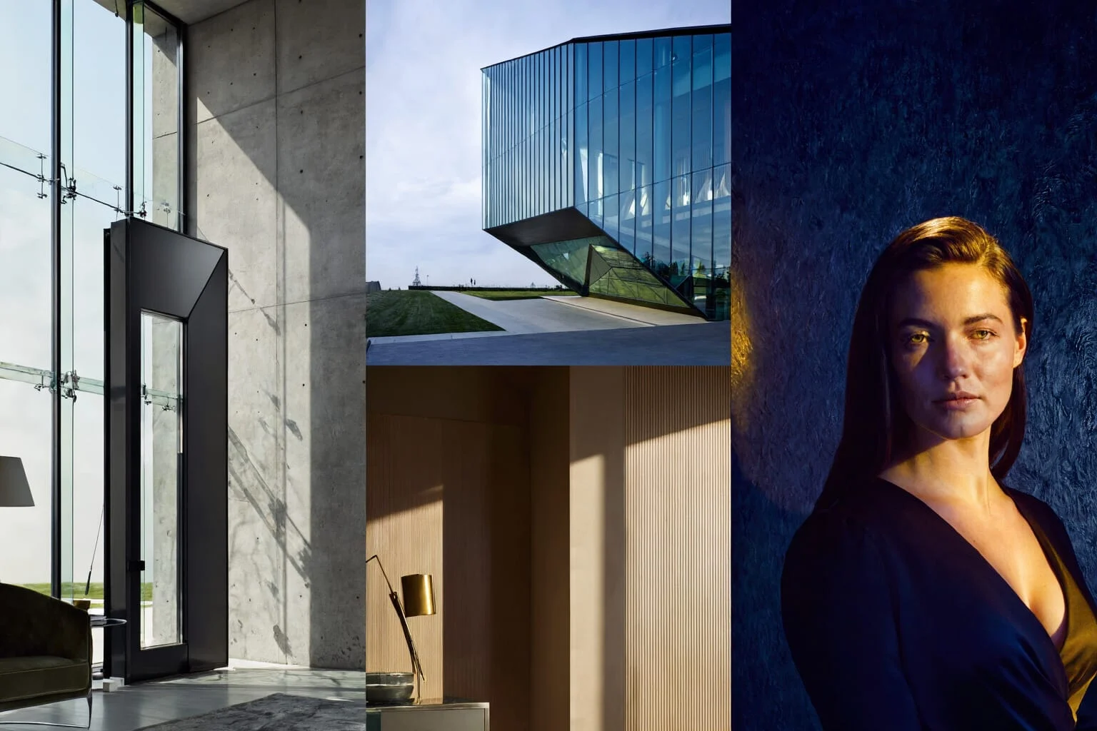 Collage final montrant architecture, matériaux d’intérieur et éclairage de portrait inspirés par les résultats de prompts Juggernaut Z
