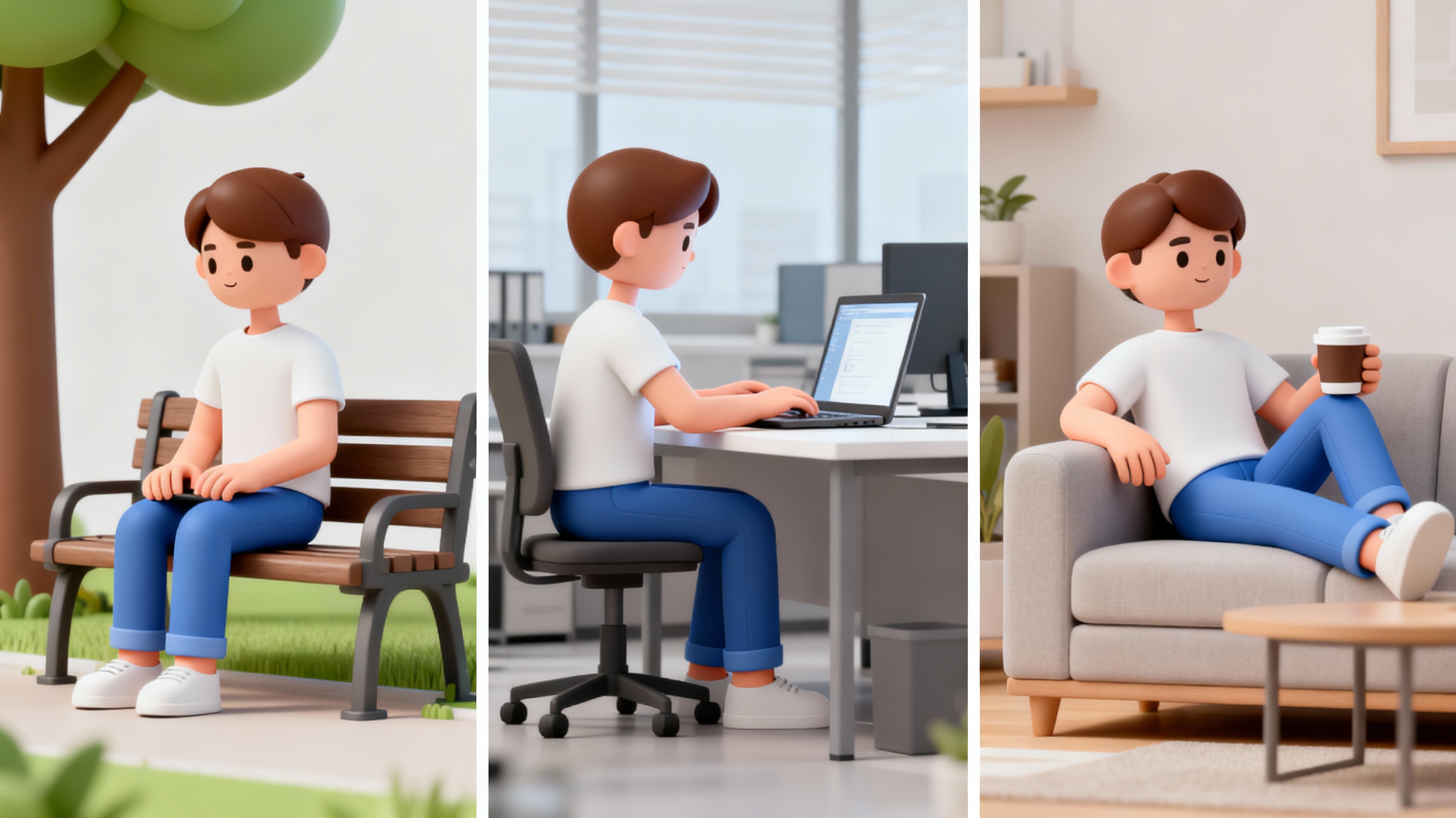 Minimalist 3D illustration of a character in different scenes, representing Veo 3.1's character consistency feature.