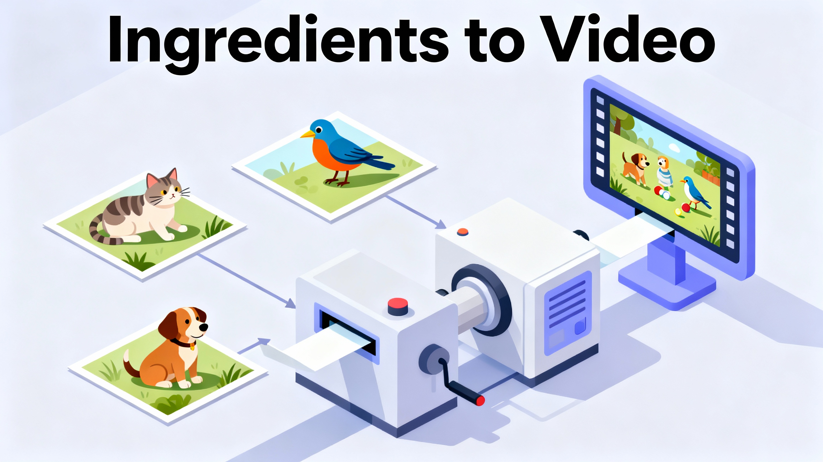 Isometric illustration of three images being combined into a video, representing Veo 3.1's ingredients to video feature.