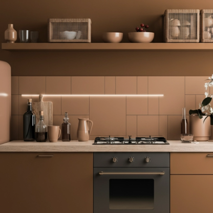 Cucina moderna con mobili color corallo e mensole aperte