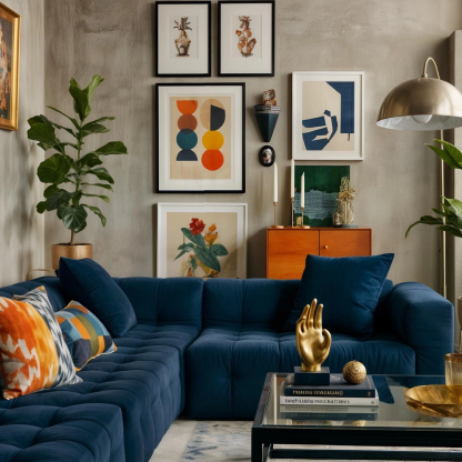 Soggiorno contemporaneo con divano angolare blu e opere colorate