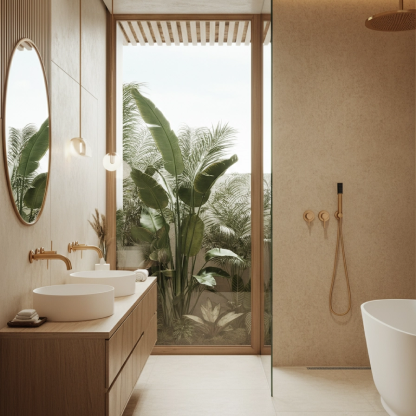 Bagno moderno effetto spa con toni neutri e verde